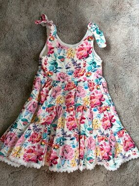 Girls' Floral Tie-Shoulder Tiered Dress - White with Pink & Teal Flowers